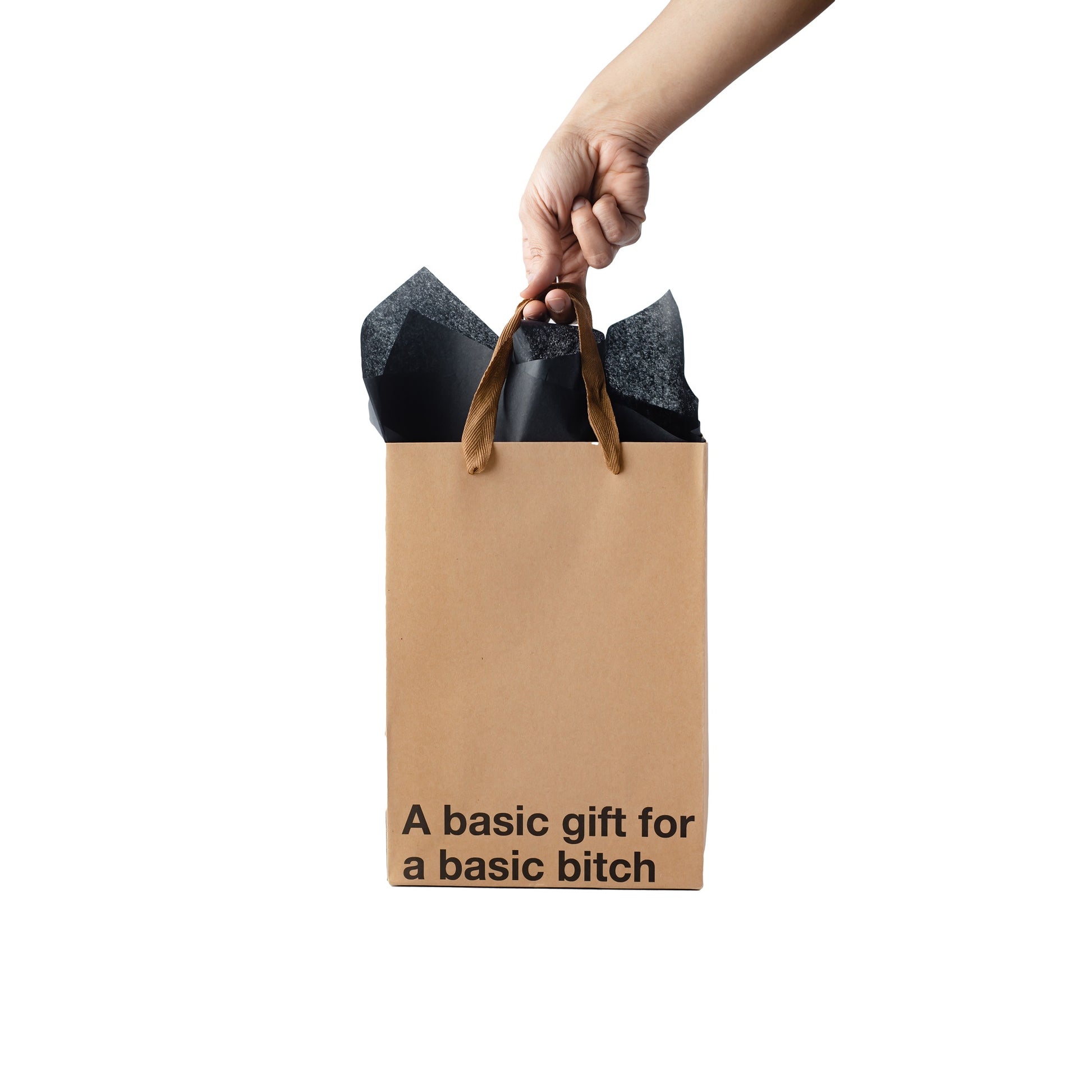 Funny kraft gift bag with brown ribbon handle.