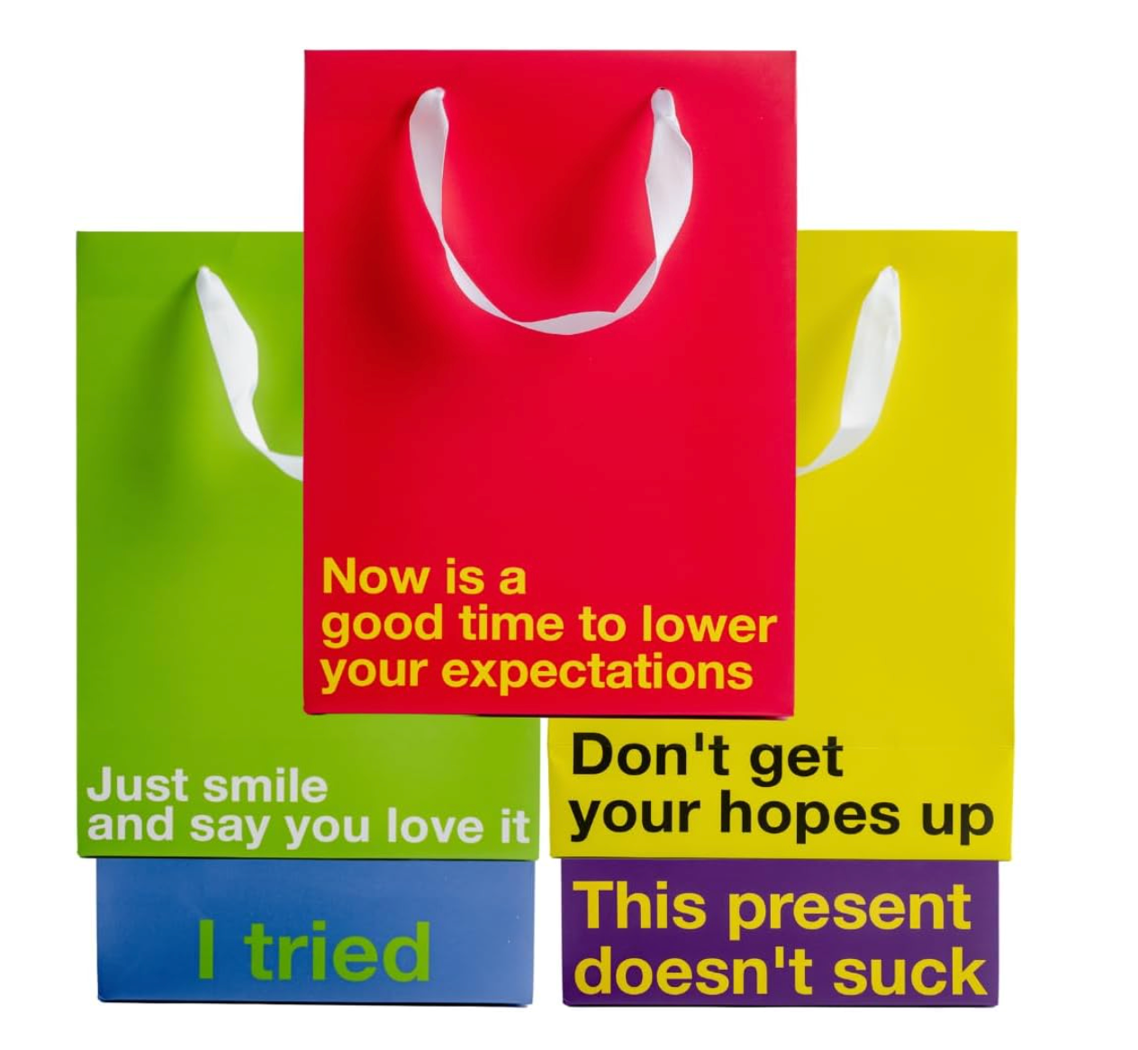 5 Kraft gift bags with funny and sarcastic sayings, perfect for unique gifting.