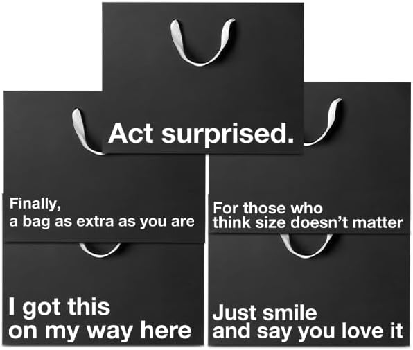 Black large funny gift bags featuring humorous phrases for gifting and celebrations in a stylish design.
