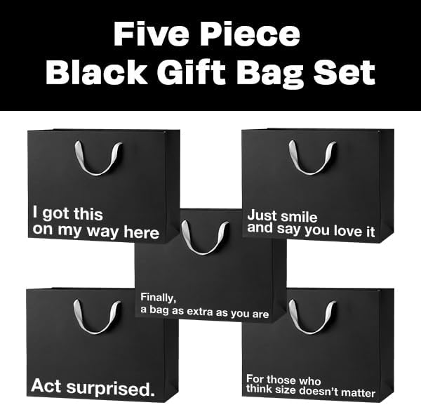 Black Large Funny Gift Bag Set #2 featuring five bags with humorous captions and stylish design.
