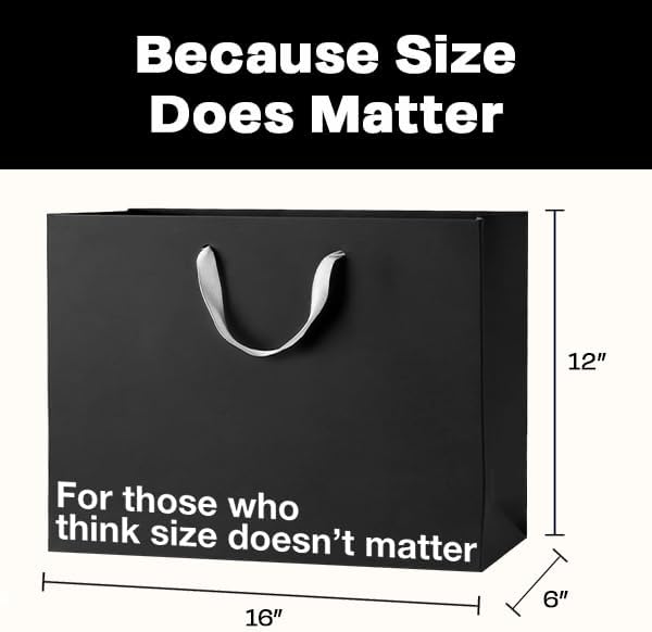 Black large gift bag with humorous text 'Because Size Does Matter' and dimensions for funny gift bags.