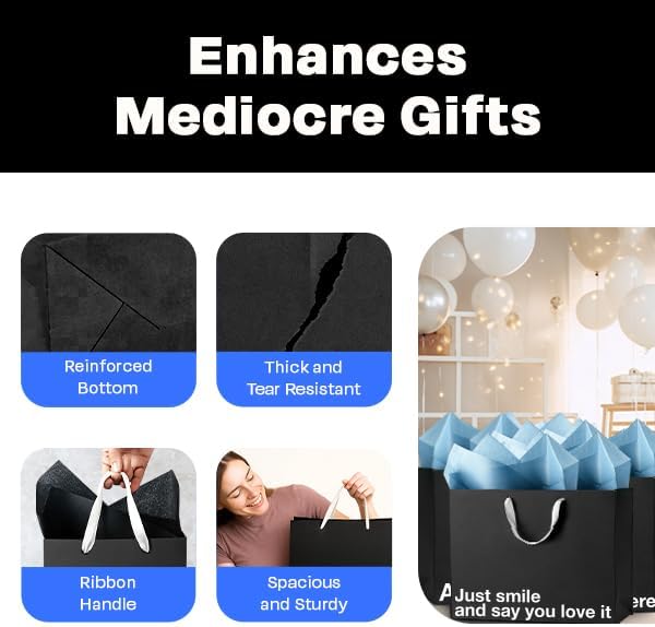Black large funny gift bags set with reinforced bottom, tear resistant, ribbon handle, spacious and sturdy design.