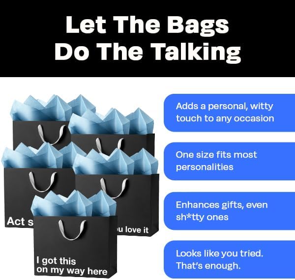 Black large funny gift bags set with witty phrases and blue tissue paper, perfect for any occasion.