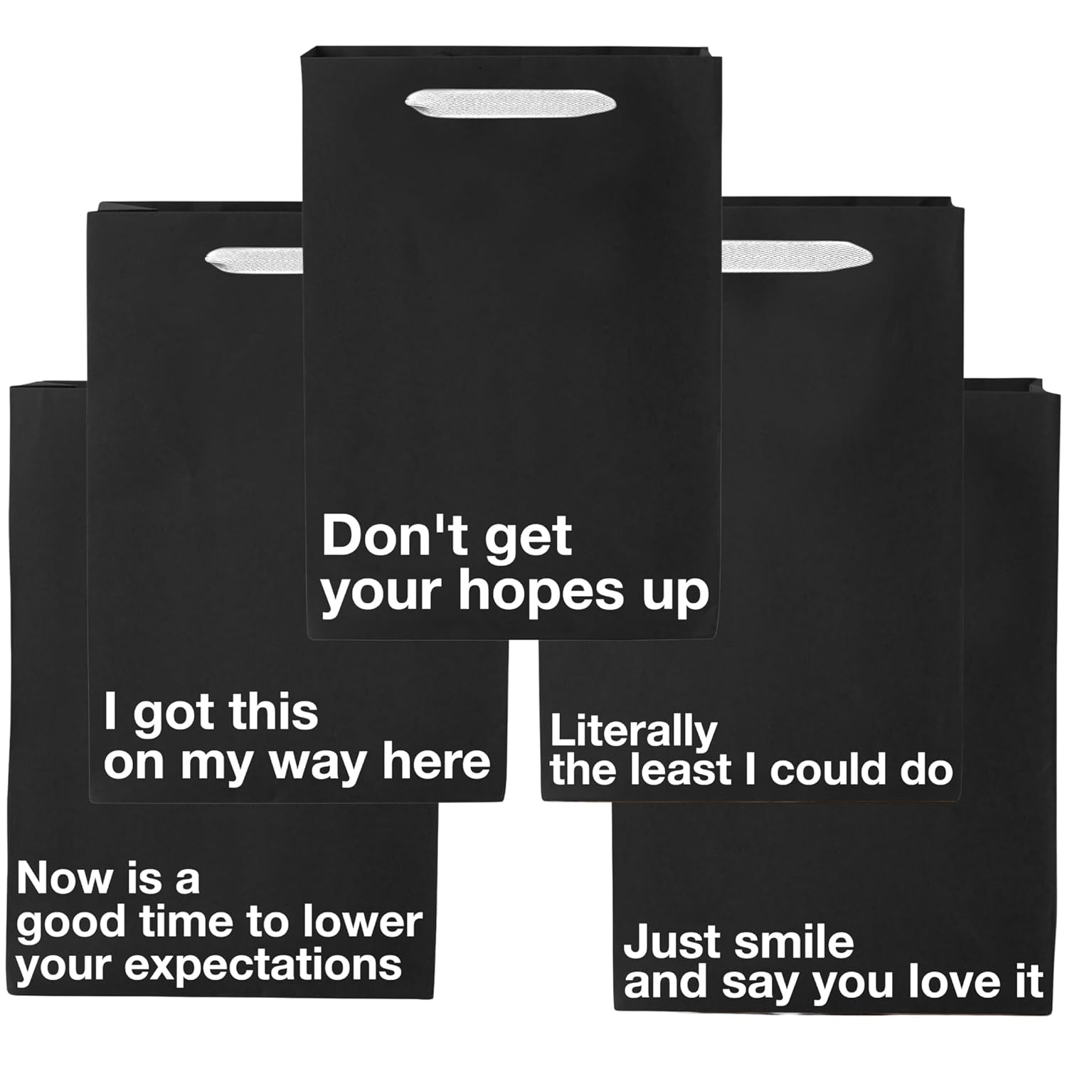 Black funny gift bags set featuring humorous sayings for gifts to lower expectations.