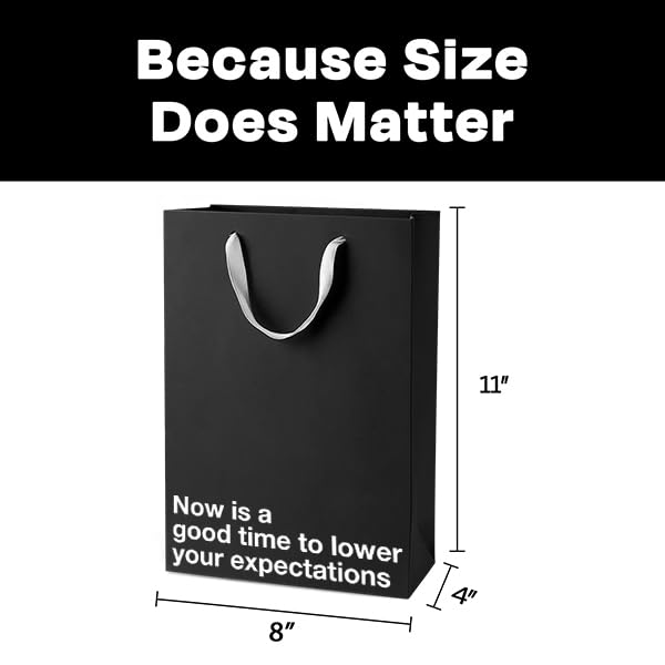 Black funny gift bag highlighting humorous text "Now is a good time to lower your expectations" for funny gift bags.
