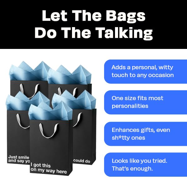 Black funny gift bags with witty phrases, perfect for adding humor to any gift occasion.