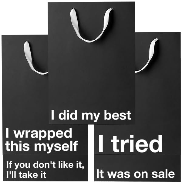 Black funny gift bags set featuring humorous phrases like 'I did my best' and 'I tried' for funny gift giving.