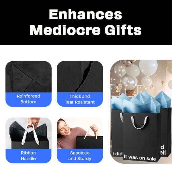 Black funny gift bags set features reinforced bottom, tear-resistant, big size, and a ribbon handle for enhanced gifting.
