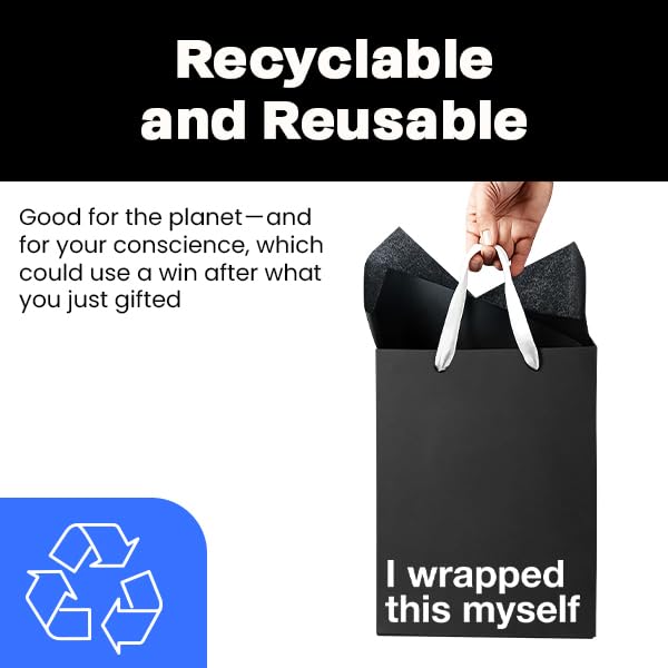 Black gift bag with white text 'I wrapped this myself', part of funny gift bags set, recyclable and reusable.