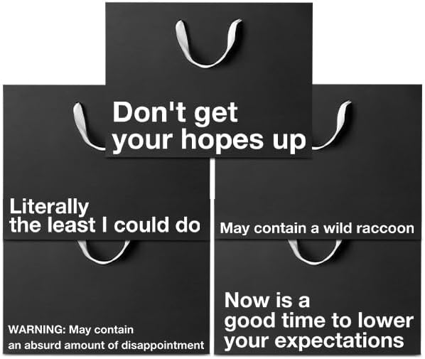 Funny gift bags set featuring humorous phrases and warnings on black kraft gift bags.