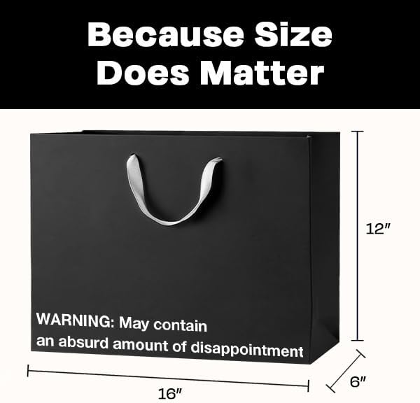 Black gift bag with humorous text warning about size and disappointment, promoting funny gift bags.