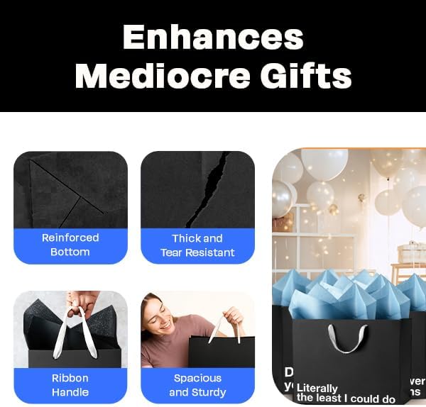 Black large funny gift bags set #1 features reinforced bottom, tear resistant, spacious design, and ribbon handle.