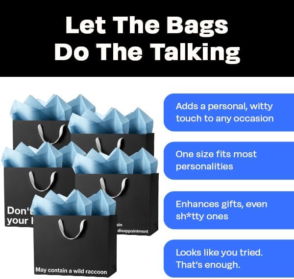 Black large funny gift bags set with witty phrases for various occasions, perfect for adding humor.