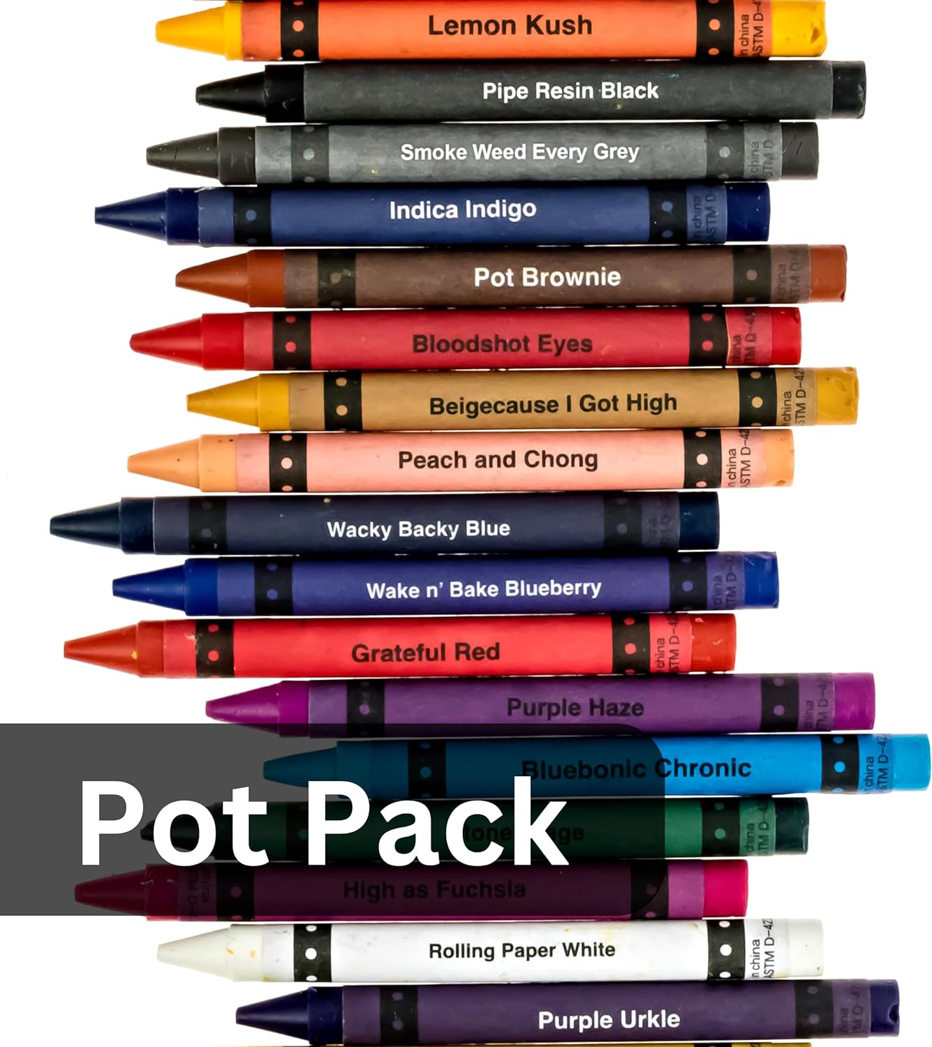 Adult crayons in a crayon box, featuring colorful crayons and humorous sayings.