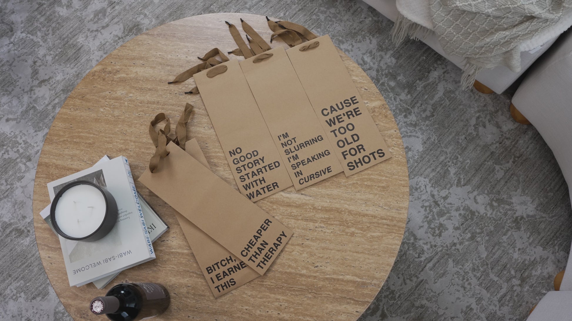 Wine gift bag set made of kraft paper, perfect for funny wine bags and gifting.