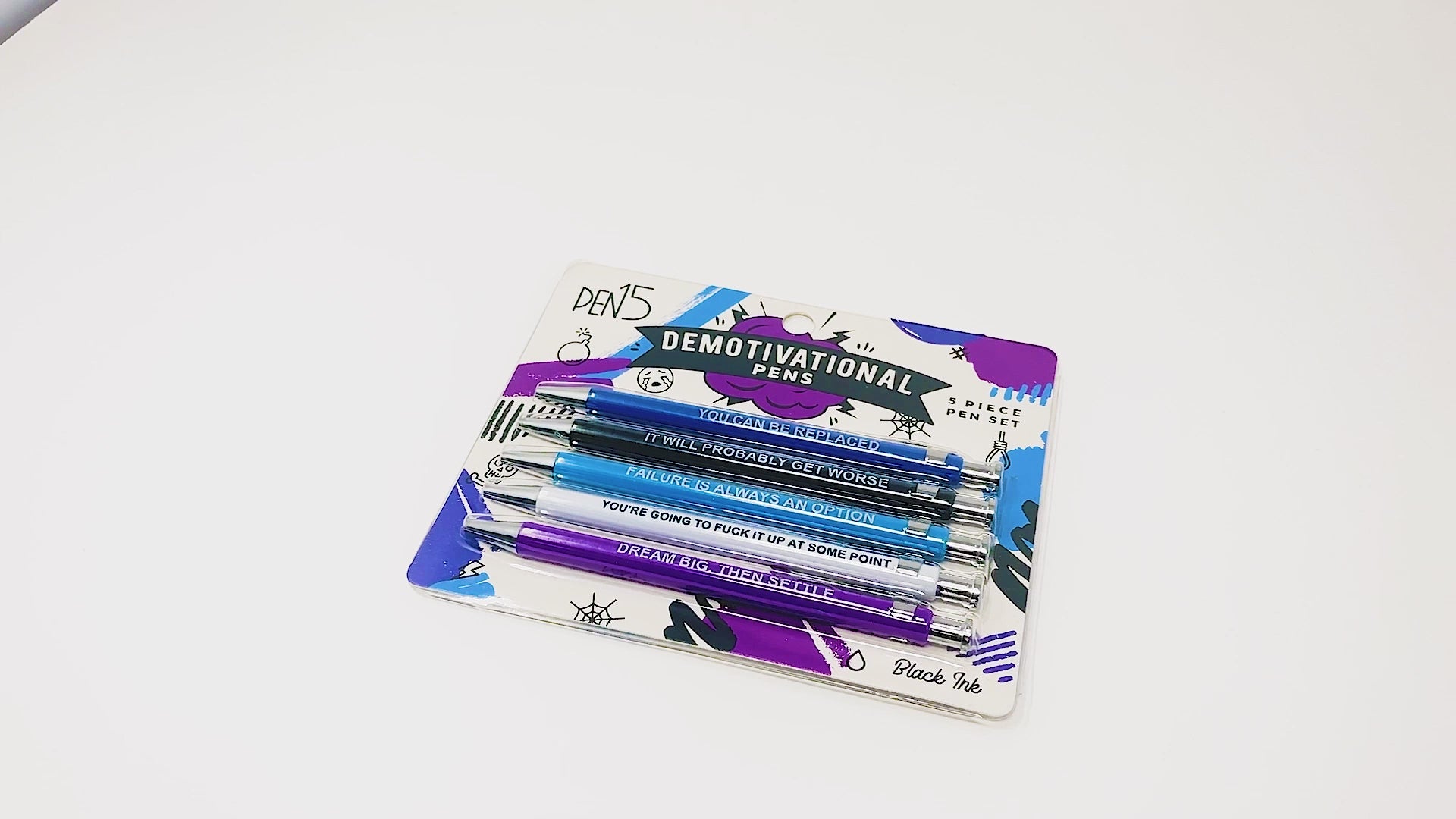 Set of demotivational pens with sarcastic phrases, perfect for dark humor lovers.