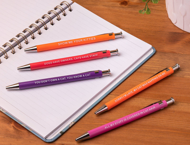 Sarcastic pens with cat-themed designs, available in a 60-piece case for cat lovers.