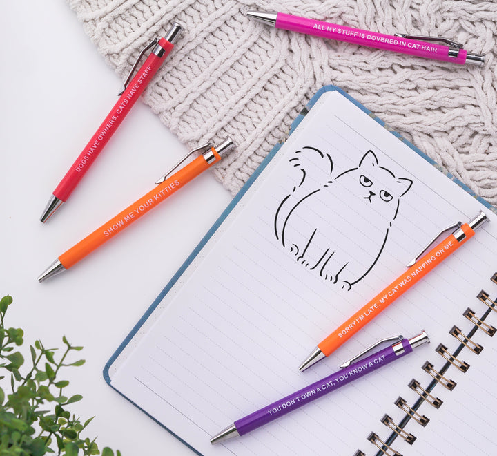 Sarcastic pens with cat-themed designs, available in a 60-piece case for cat lovers.