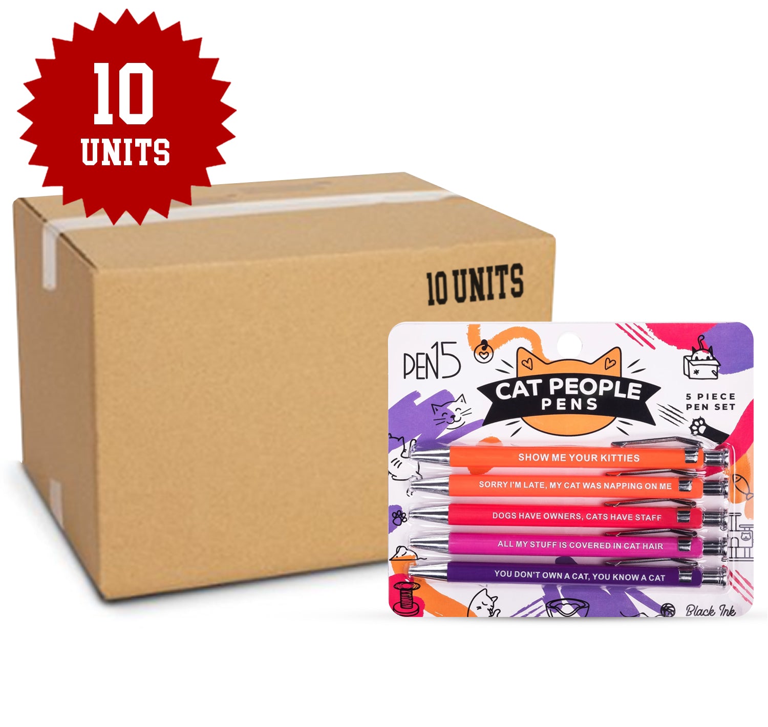 Sarcastic pens with colorful cat-themed designs and humorous sayings.