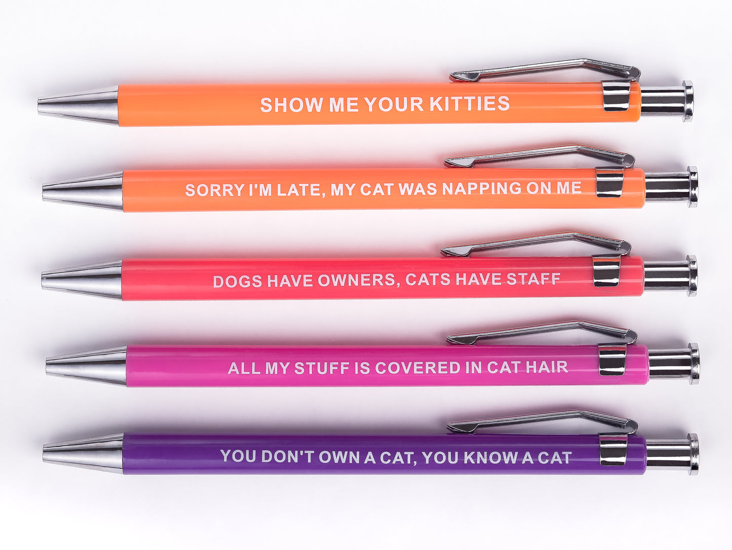 Sarcastic pens with cat-themed designs and witty phrases for cat lovers.