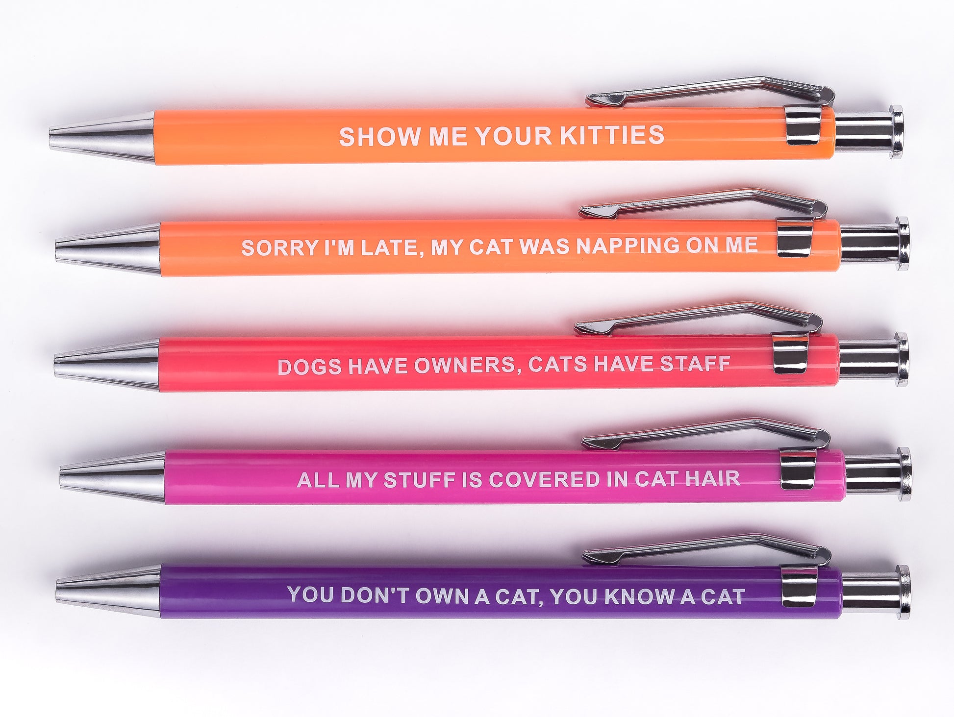 Sarcastic pens with cat-themed designs and witty phrases for cat lovers.