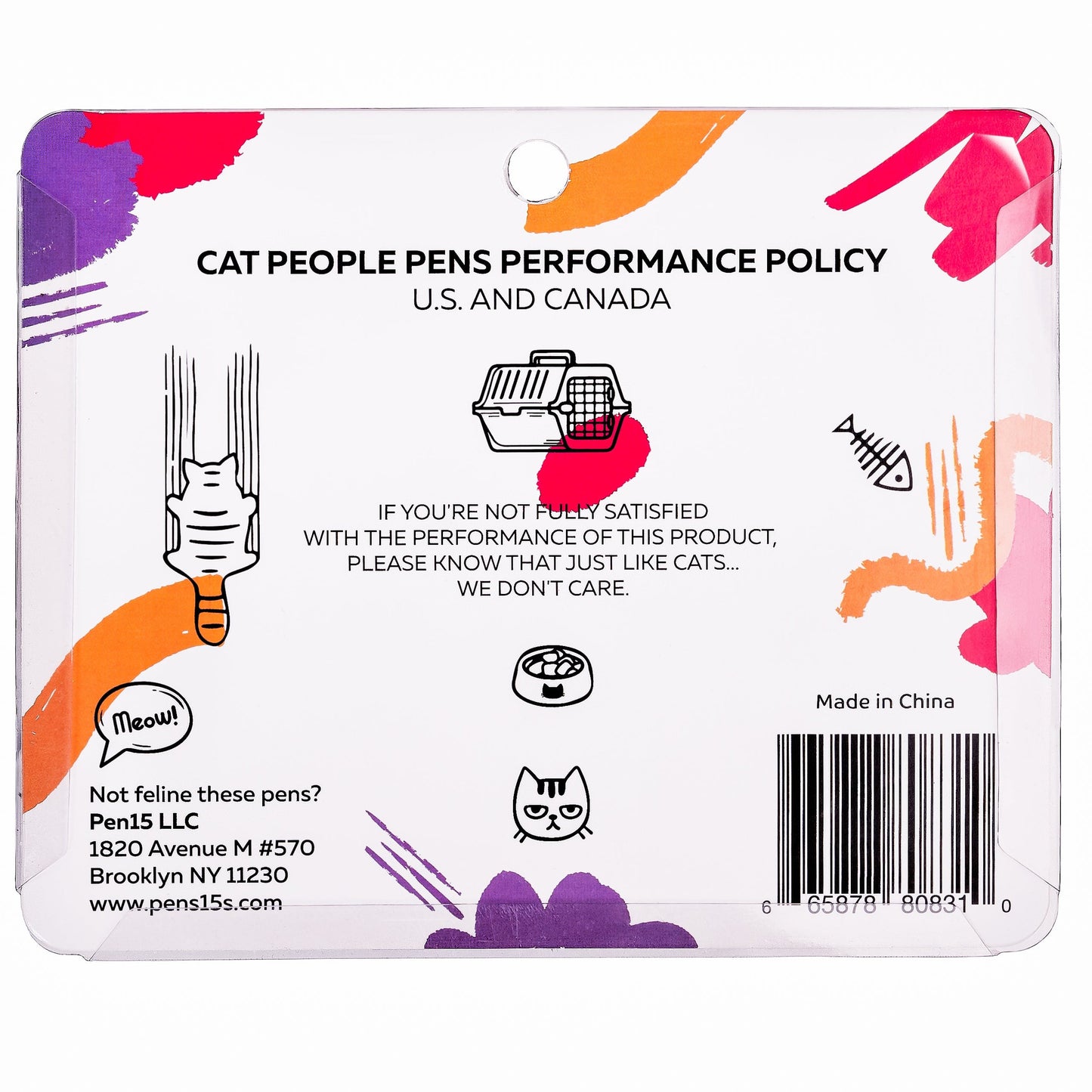 Sarcastic pens with colorful cat-themed designs and humorous sayings.