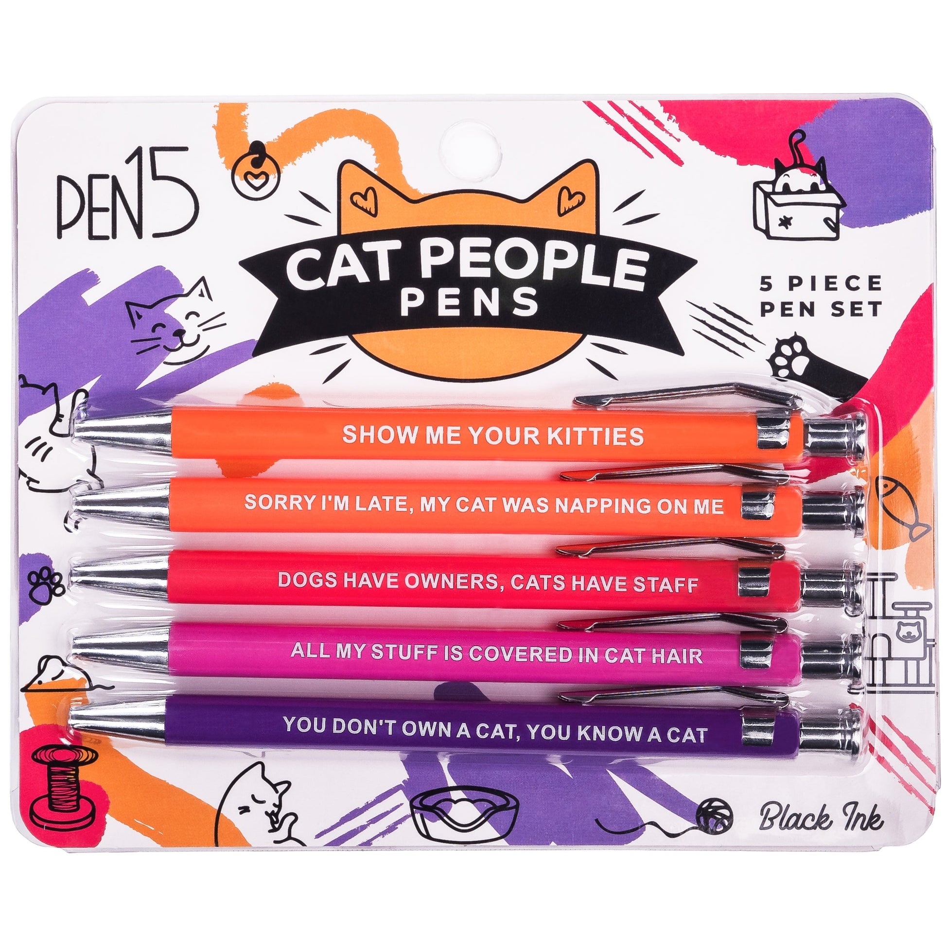 Sarcastic pens with cat-themed designs and witty phrases for cat lovers.